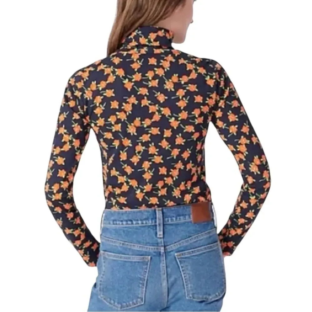 NWOT J. Crew Tissue Navy and Orange Floral Long Sleeve Turtleneck SMALL